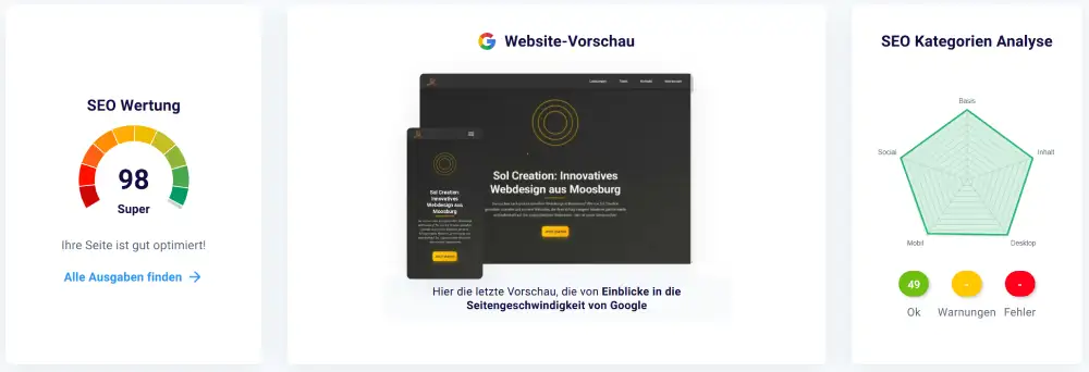 SEO Tester Online Ergebnisse zeigen Bestwerte über 90%