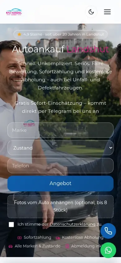Mobile Ansicht der Website Autoankauf Landshut